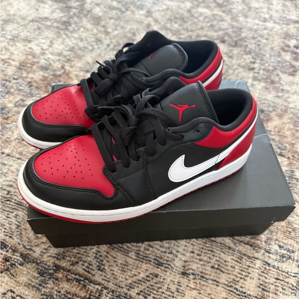 Air Jordan 1 Low Black/Red Sneakers with White Swoosh - Picture 4 of 6